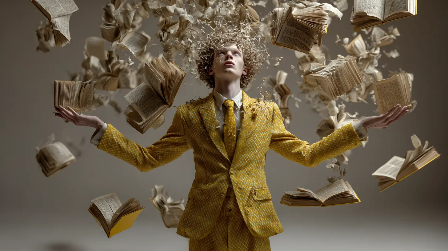A man in a yellow checked suit stands with his arms open and his head tipped back while open books and torn pages fly around him.