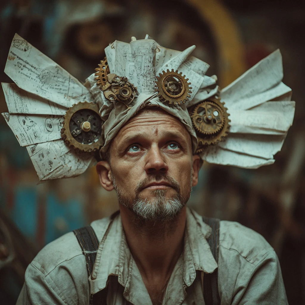 A man in work clothes wearing a headdress built from folded technical drawings and brass gears.