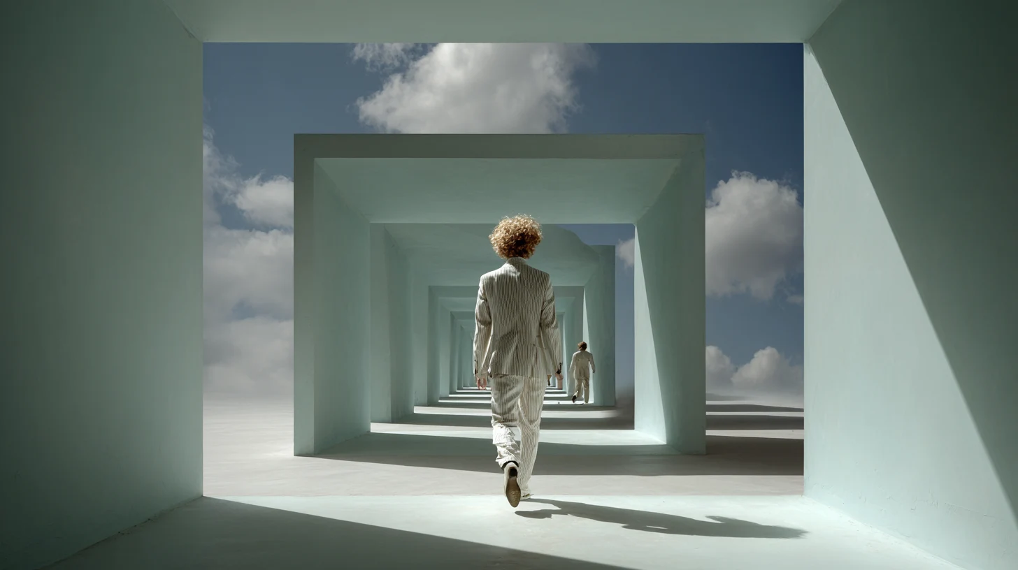 A man in a pale pinstriped suit walks away through a receding row of pale archways under a blue sky with scattered clouds.