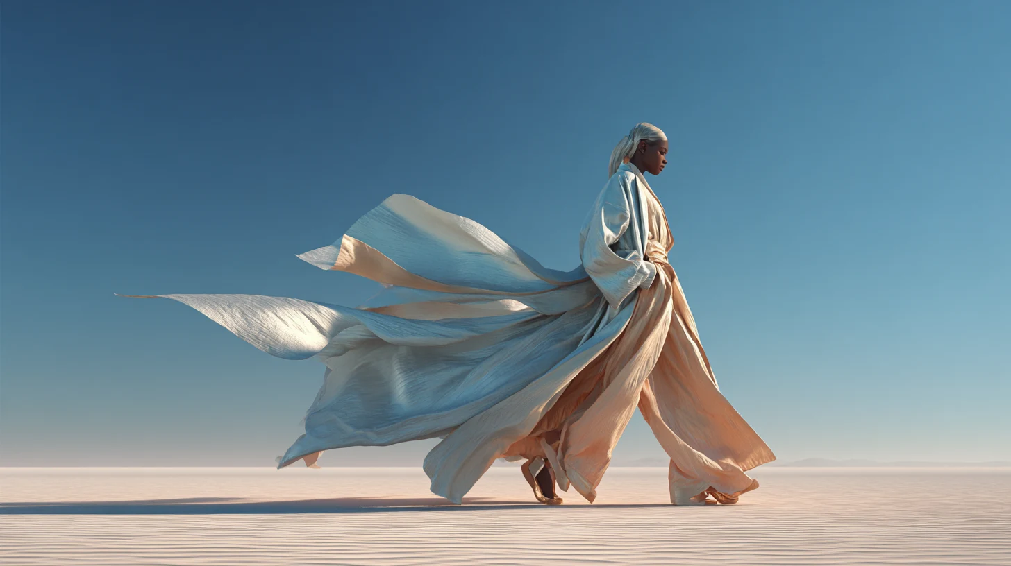 A woman walks across a pale desert flat under a clear blue sky, wearing a long robe whose pale blue and sand-coloured layers stream out behind her.