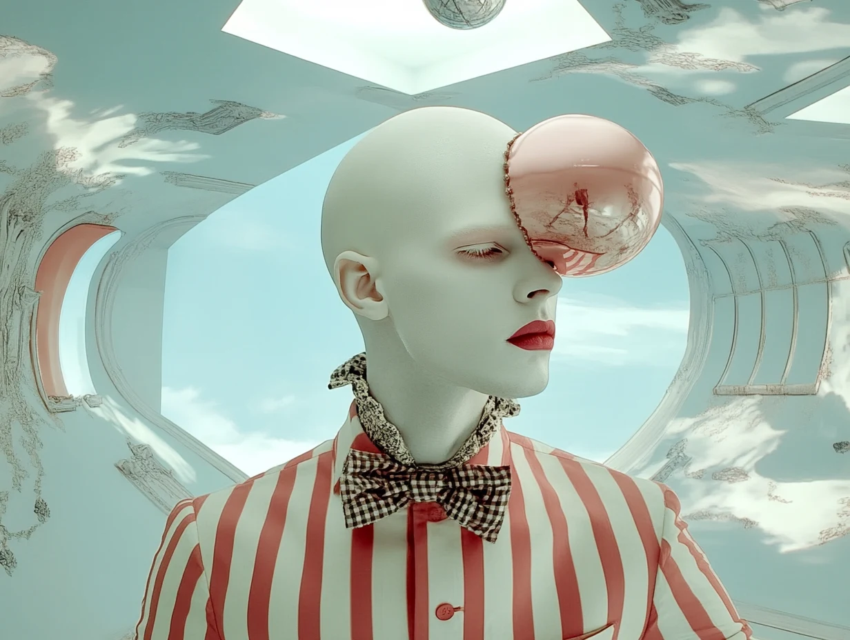 Close-up photomontage of a bald figure in a red-and-white striped jacket and checked bow tie, one eye covered by a glossy pink sphere, inside a pale surreal corridor.