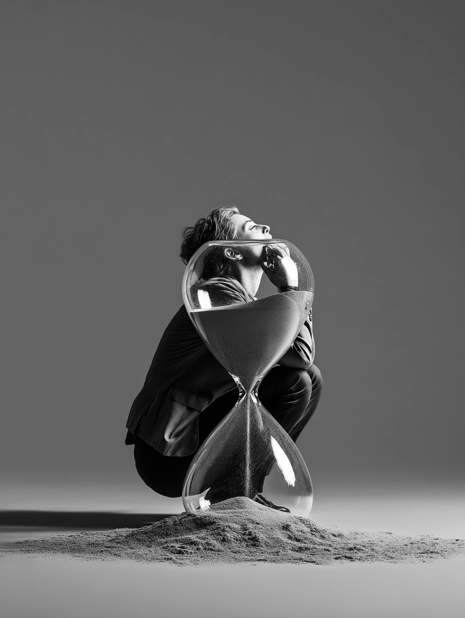 Black and white photograph of a man in a suit crouching inside a giant hourglass, the sand piled around him.