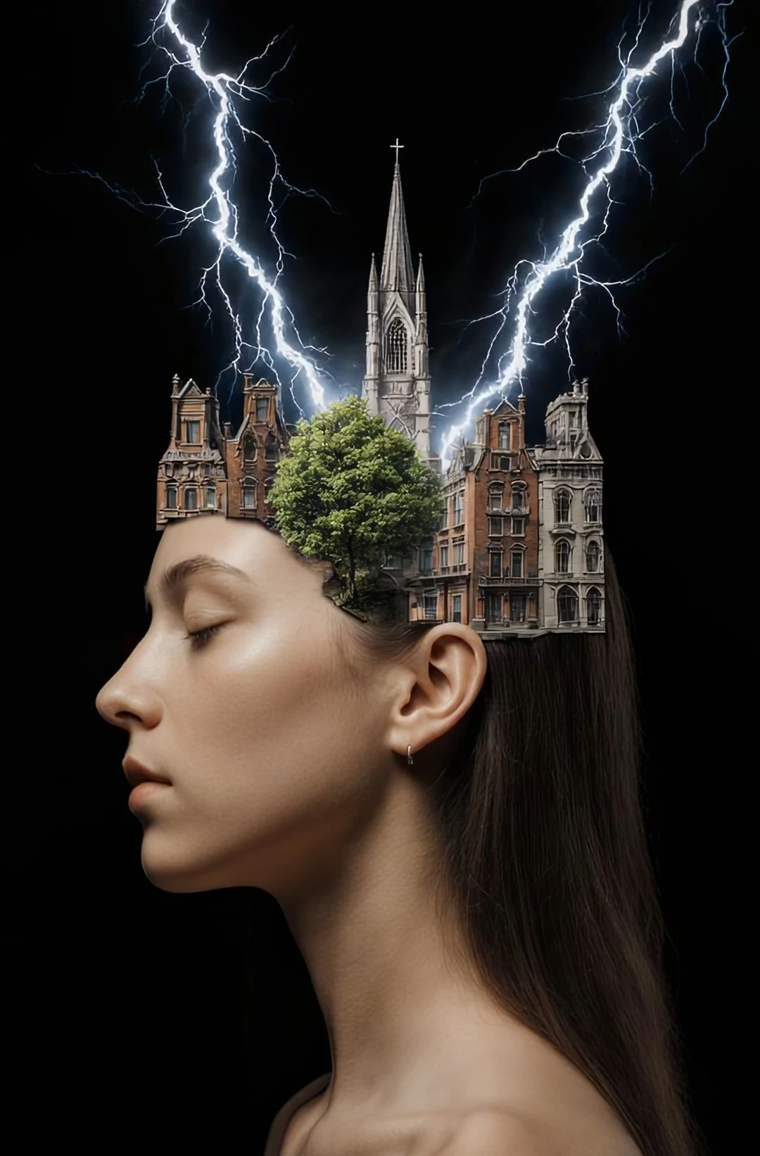Photomontage: a woman in profile with her eyes closed, a row of Victorian buildings, a tree and a church spire rising from her head under forks of lightning in a black sky.